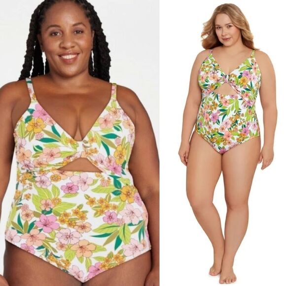 Time & Tru White Floral Front Cutout One Piece Swimsuit Plussize 3X - Picture 1 of 16